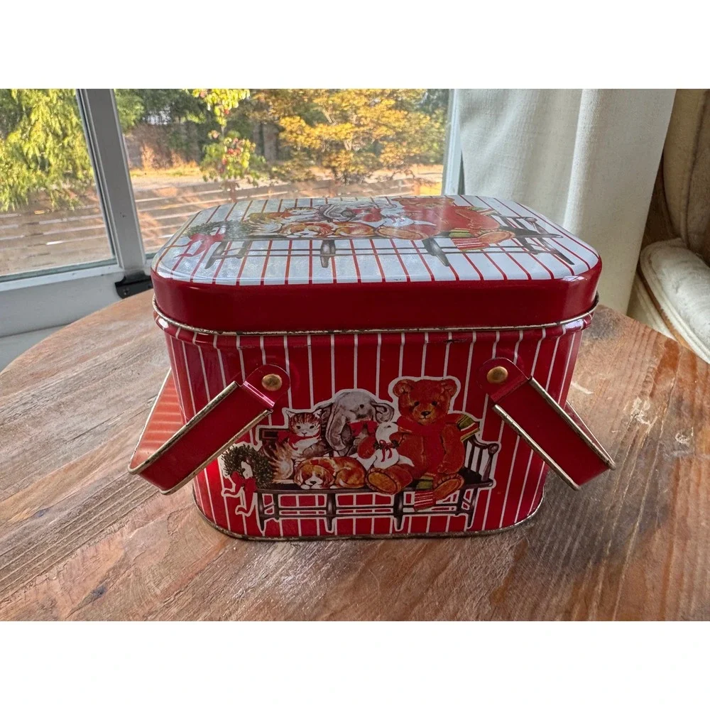 Vintage Christmas Holiday Tin Teddy Bear Cat Dog Picnic Basket Style Red White